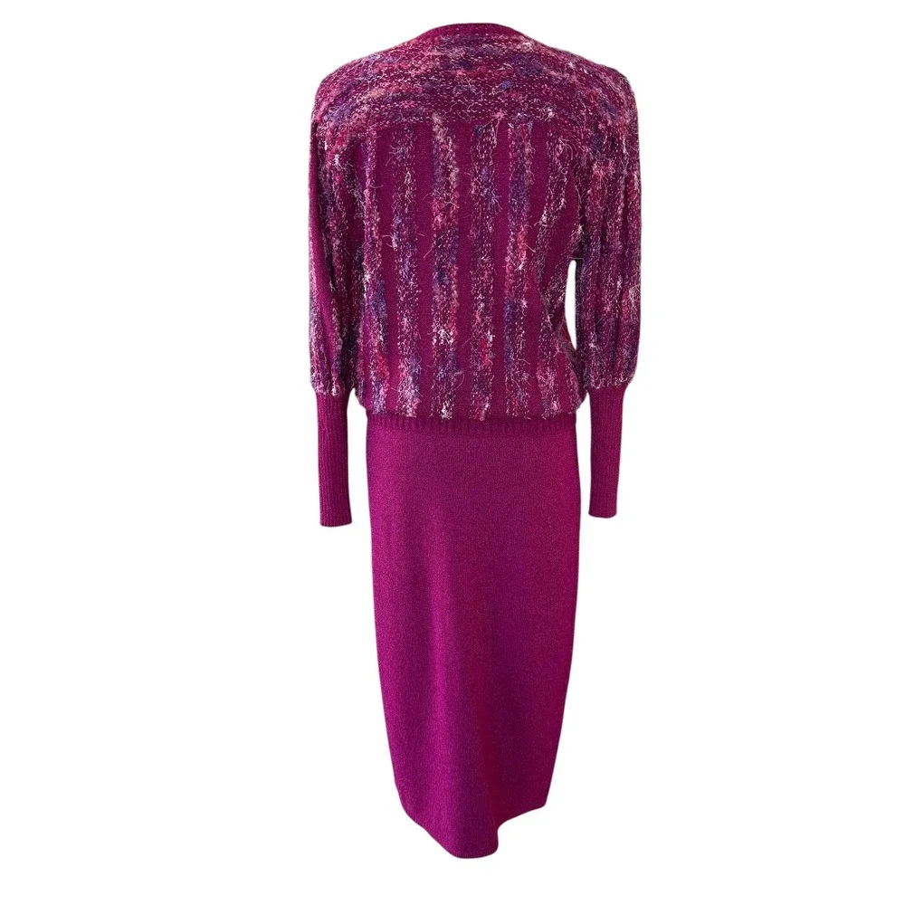 Jessica Knits Two Piece Skirt Set Magenta Metallic Sparkle Knit Midi Medium VTG - Picture 2 of 16